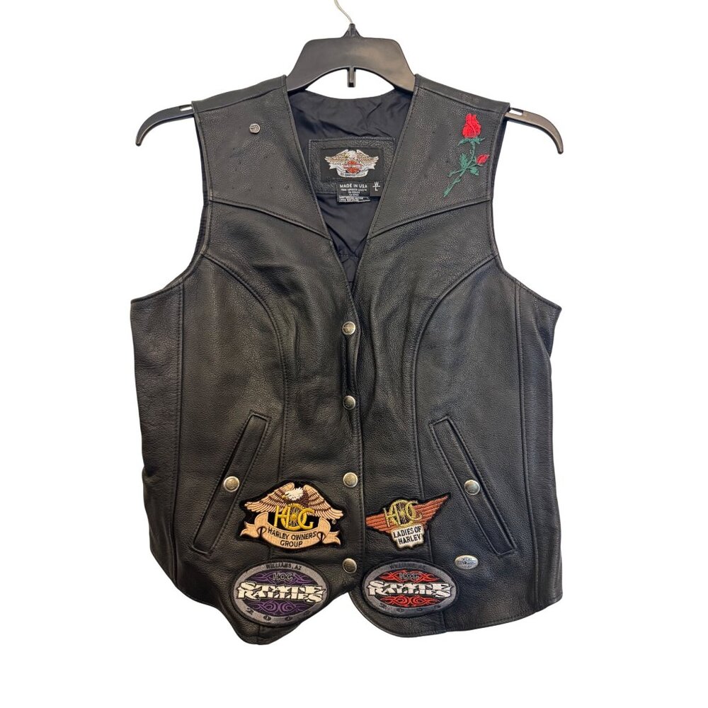 Harley-Davidson Womens Black Leather Vest W/L HOG Patches Rose Embroidery 24" Le